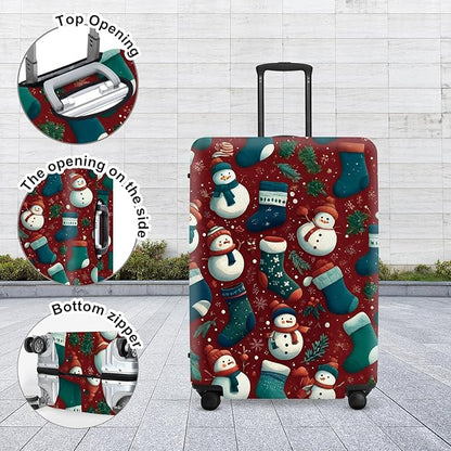 Christmas Luggage Cover - Allover Green Socks and White Snowmen Pattern on Dark Background, Stretchable Suitcase Protector for 32 34 Inch Travel Bags