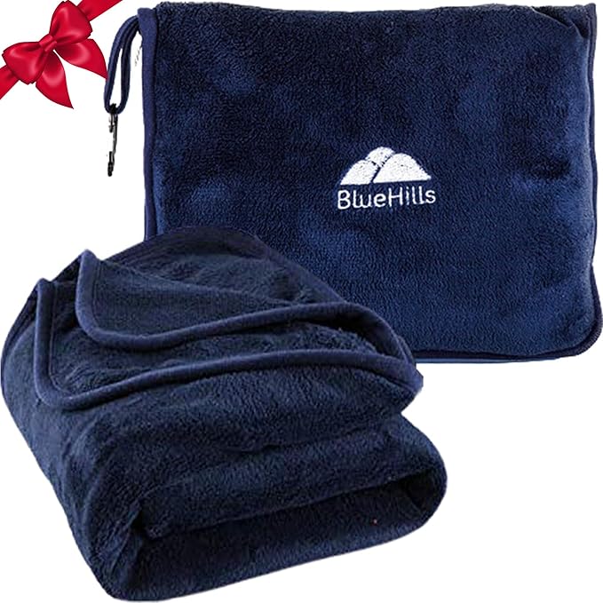 BlueHills Premium Soft Long Travel Blanket Pillow for Tall Airplane Flight Blanket Throw Luggage Belt & Backpack Clip Compact Packable Car Large 2 in 1 Combo Warm Gifts Navy Blue T051