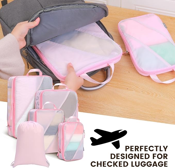 Lightweight Compression Packing Cubes for Suitcases, Compressible Expandable Travel Packing Organizer with Clear Toiletries and Backpack Bag, Travel Essentials for Carry on Luggage 7 Set