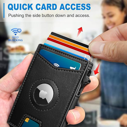 Airtag Wallet for Men,with Money Clip Gift Boxed,Slim Front Pocket Wallet RFID Blocking Metal Case Smart Pop-up Credit Card Holder in Magnetic Leather Flip