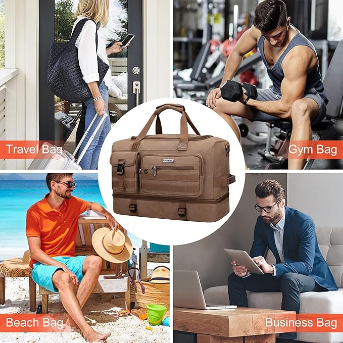 WITZMAN Duffle Bag for Men 50L Canvas Weekender Overnight Bag with Toiletry Bag Sets Travel Duffel Bag Shoes Compartment（A8010-2 Brown）