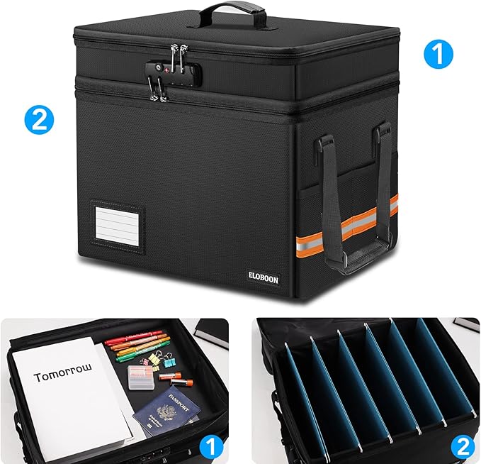 Fireproof Document Box with 13 Pockets Accordian File Organizer, Water-Resistant File Organizer Box with Lock, Collapsible File Storage Cabinet for Hanging Letter/Legal Folder, Black