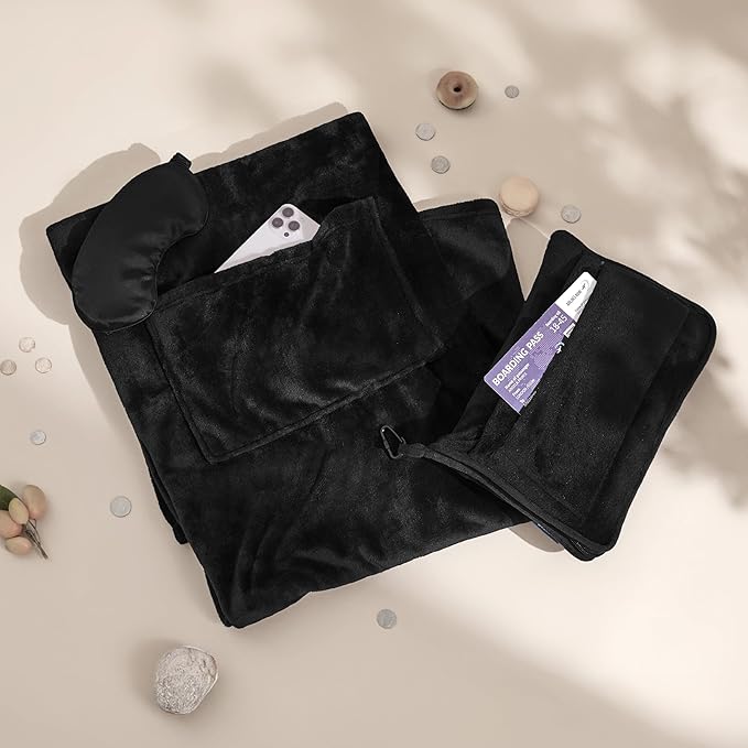 Bedsure Travel Blanket Airplane Compact with Storage Bag, Packable Blanket with Eye Mask, Lightweight 2-in-1 Travel Essentials, Functioned as Pillow for Airplane Comfort and Warmth, Black