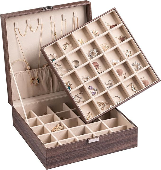 Frebeauty Earring Organizer Classic Jewelry Box 50 Slots Double Layer Jewelry Storage Case with 6 Necklace Hook and Bracelet Pocket(Tree Brown)