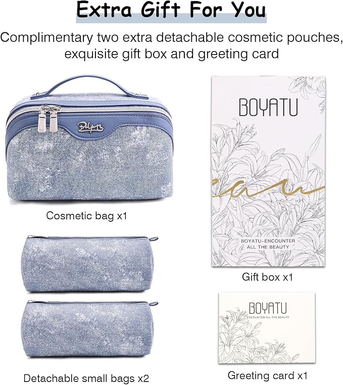 BOYATU Travel Makeup Bag Cosmetic Bags for Women: 3 Sets Large Capacity Make up Bag - Portable Toiletry Bags with Handle for Women(F-1-Blue)