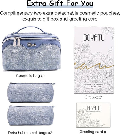 BOYATU Travel Makeup Bag Cosmetic Bags for Women: 3 Sets Large Capacity Make up Bag - Portable Toiletry Bags with Handle for Women(F-1-Blue)