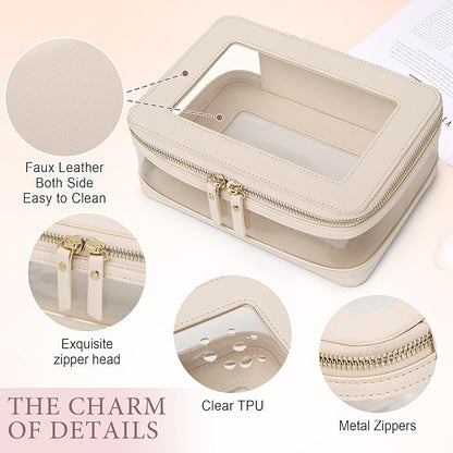 Pinkmik Clear Makeup Bag with Zipper Waterproof Travel Makeup Set for Cosmetics and Toiletries Women's Purse Organizer and Car Essentials (Beige, M+MINI-1)