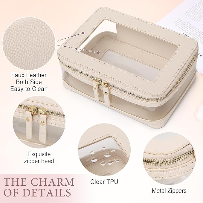 Pinkmik Clear Makeup Bag with Brush Case Travel Toiletry Bag Waterproof Cosmetic Organizer Car Essentials for Women (Beige, M+SLIM-1)