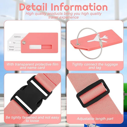Weewooday 8 Pcs Luggage Straps Suitcase Tags Set for TSA Approved, 4 Travel Adjustable Suitcase Belt, 4 Silicone Luggage Tags with Name ID Card Travel Accessories(Dark Pink,Airplane)