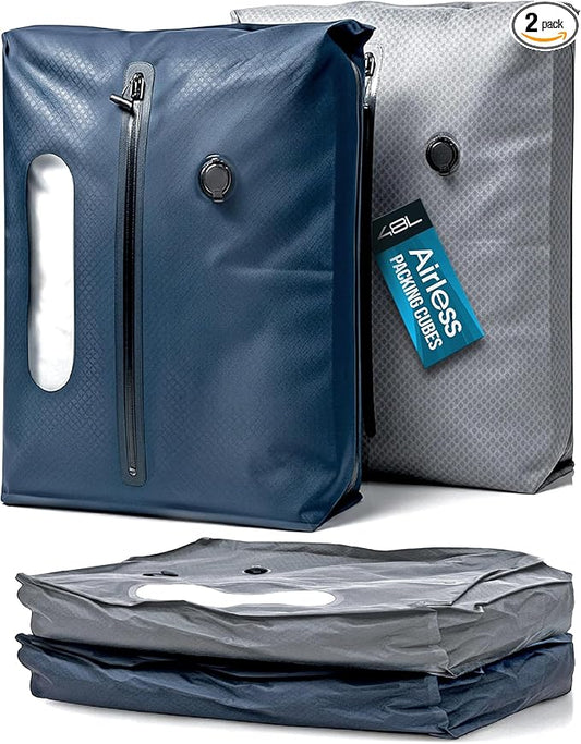 Vacuum Seal Bags for Clothing Travel - TSA Compliant Airless PacPro 48L, Carry-On Compression Packing Cubes for Luggage and Backpacks, Pump-free Air Valve (Large, Set of 2)