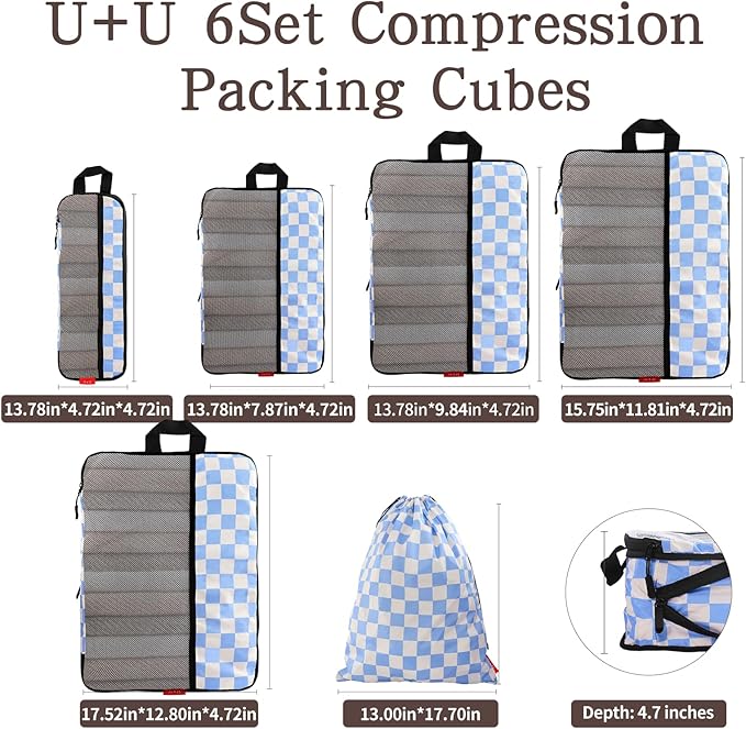 U+U 6 Set Compression Packing Cubes - Ultralight Travel Organizers with Laundry Bag, Space-Saving Suitcase Organizer for Travel, Business Trip and Family Vacation (Blue Checkered)