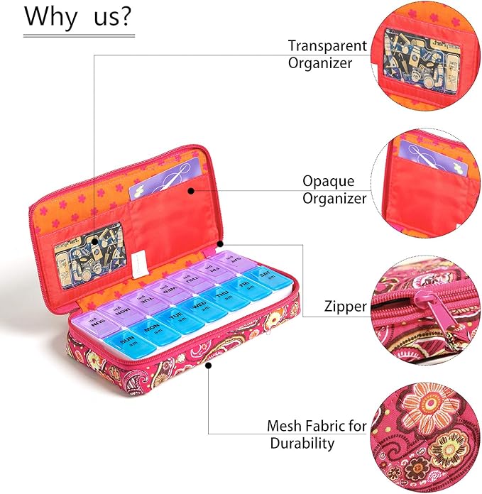 Weekly Pill Organizer 2 Times a Day, Zumd Pill Box 7 Day with Cute Quilted Fabric Zipper Case, Travel Pill Case Am Pm for Vitamin Medicine Organizer