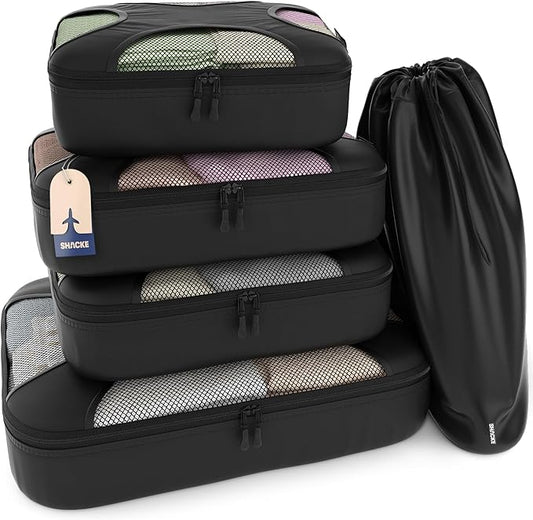 Shacke Premium 5 Packing Cubes Set - Lightweight Mesh Travel Luggage Organizers with Laundry Bag, 5-Piece Suitcase Storage System (Black)