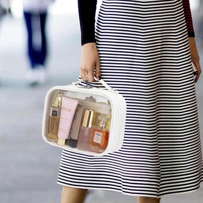 Pinkmik Travel Makeup Bag Set Portable Clear Cosmetic & Toiletry Case Women's Purse Organizer and Car Essentials with Zipper (White, M+MINI-2)