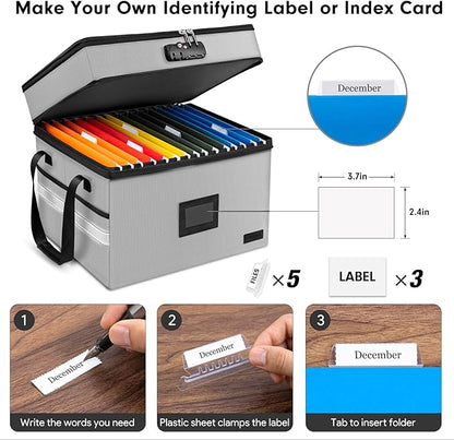 Fireproof Document Box with Lock, 2-Layer File Box Storage Organizer with 5 Tabs& Insert, Portable File Cabinet Storage Box with Handle for Hanging Letter,Legal Size Folder/Certificate, Silver Grey