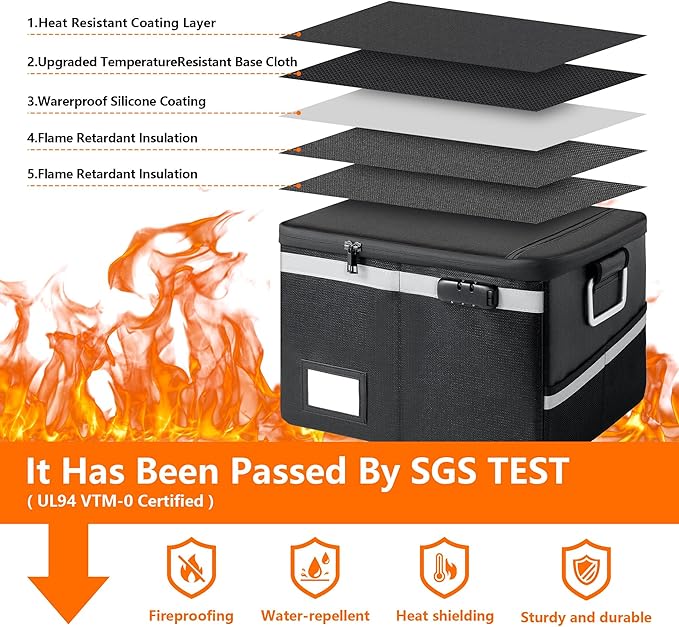 Fireproof Document Box,Portable File Organizer with Lock,Water-Resistant Document Organizer Collapsible File Cabinets for Home Office Safe Storage Box for Hanging Letter/Legal Folders-Orange