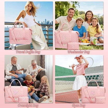 Gifts for Women Gifts Christmas Initial Travel Duffle Bag Quilted Weekender Bags Carry-On Overnight with Cosmetic Bag, Gym Bag with Shoe Compartment, Pink-G