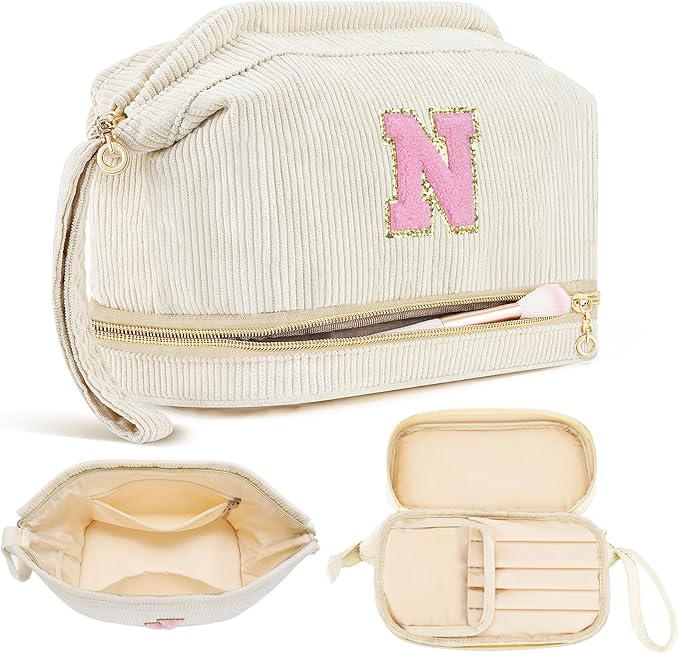 Makeup Bag for Girls Gift, Personalized Christmas Gifts Initial Women Makeup Bag for Travel, Double Layer Cosmetic Bag with Brush Organizer Preppy Make up Bag for Teen Girl Trendy - N