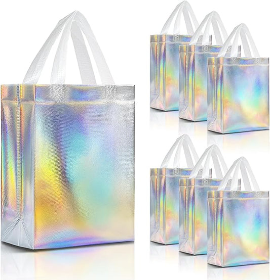 Nush Nush Set of 30 Iridescent Gift Bags Bulk – Medium Size, Holographic Silver Bulk Gift Bags With Handles - Ideal Reusable Goodie Bag for Birthday, Bachelorette Party Favors, Return Gifts – 8x4x10