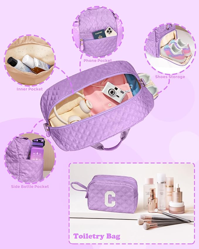 Initial Travel Duffle Bag Women Girls Gift: Personalized Weekender bags, Dance Cheer bag Sports for Girl, Kid Gymnastics Bags, Birthday Gifts for Women Girls Kids Teens Mom Teacher