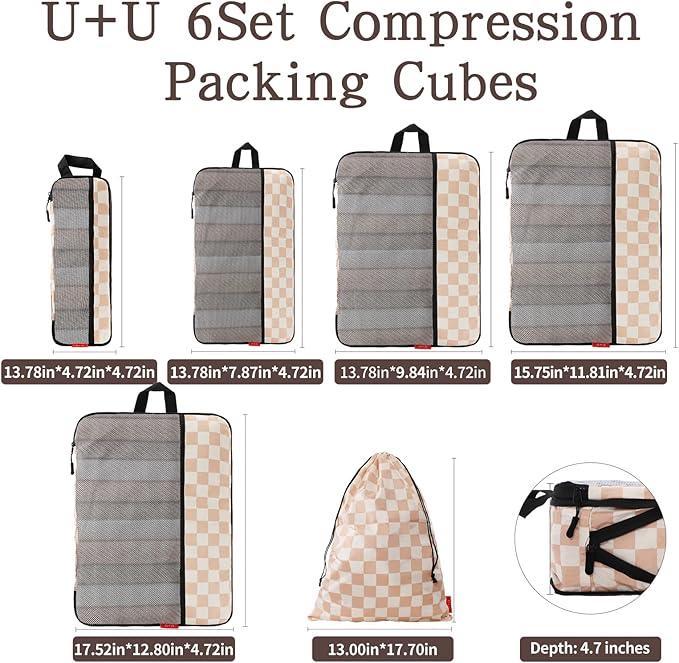U+U 6 Set Compression Packing Cubes - Ultralight Travel Organizers with Laundry Bag, Space-Saving Suitcase Organizer for Travel, Business Trip and Family Vacation (Khaki Checkered)