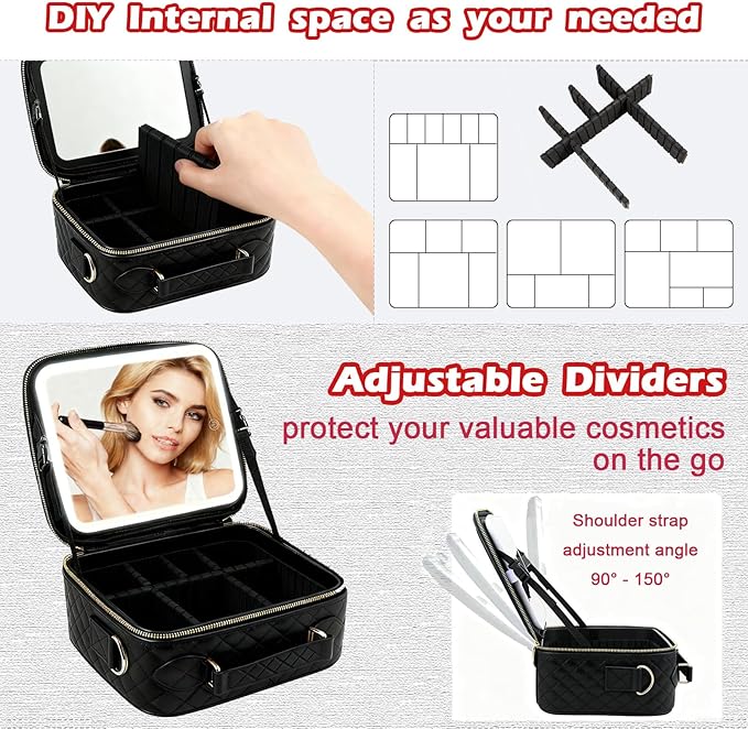 Travel Makeup Bag with Light Up Mirror, Portable Makeup Bag with Led Light Women Waterproof Makeup Travel Case adjustable dividers Rechargeable Vanity Mirror with 3 Color Lights