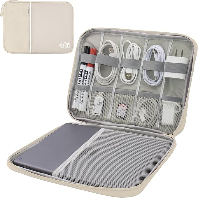 Electronics Organizer,Travel Cord Organizer Pouch, Portable Cable Organizer Bags, Waterproof Electronic Accessories Storage Case for Cables, Cords, Charger, Phone (Single Layer-Large-Beige)