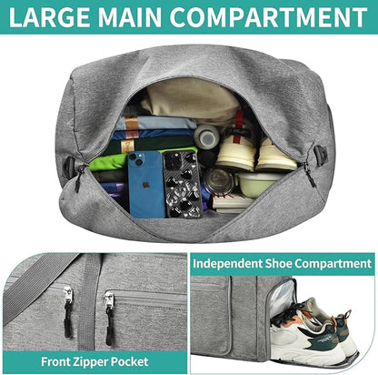 Dimayar 65L Travel Duffle Bag for Men Women - Foldable Duffel Bag with Shoes Compartment - Overnight Bags Waterproof & Tear Resistant(Gray)