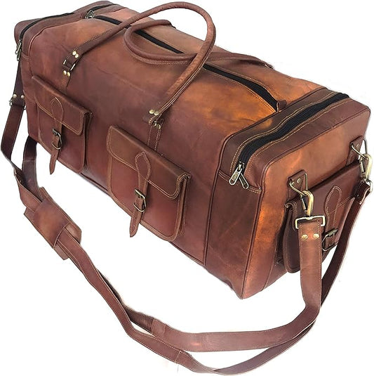Real Goat Vintage Leather Large Travel Duffel Luggage Handmade, Gym, Hiking vintage brown Carry All Genuine Holdall Duffel Bag