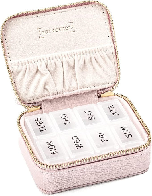 Weekly Pill Organizer 7 Day – Travel Pill Case for Vitamins & Medication, Premium Vegan Leather Pill Box with Removable Daily Compartments, Portable Supplement Organizer with Secure Zipper (Blush)