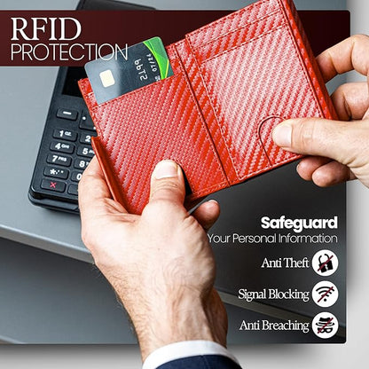 BULL GUARD Trifold RFID Blocking Front Pocket Wallet for Men, Secured Card Slots & Coin Pocket with Magnetic Closure, Durable & Modern Leather Design in Carbon Red Passion