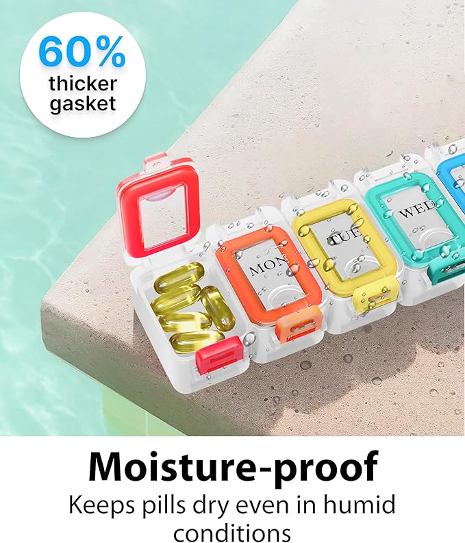 Weekly Pill Organizer 1 time a Day – Pill Box 7 Day with Enhanced Waterproof Seal, Large compartments Hold Big Vitamins & Supplements, Upgraded Locking lids, for Home & Travel use, Durable Hard case