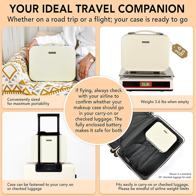 Lighted Makeup Case with Mirror - Standard Size 11.4" x 9" - Travel Makeup Train Case With Mirror - Rechargeable LED Travel Vanity Case with Adjustable Brightness - Train Case Makeup Bag - White