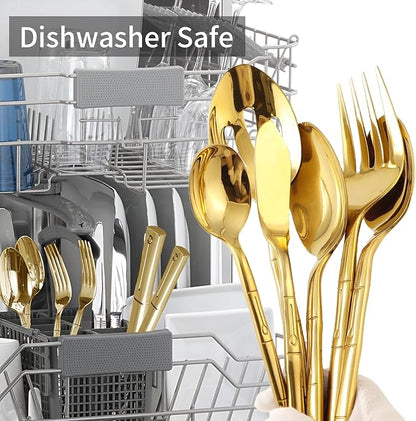 Silverware Serving Set Gold Flatware Set Stainless Steel Bamboo Handle Cutlery Set Mirror Polished 65 Pieces for Home Kitchen Restaurant Hotel Wedding Housewarming Gift Service for 12