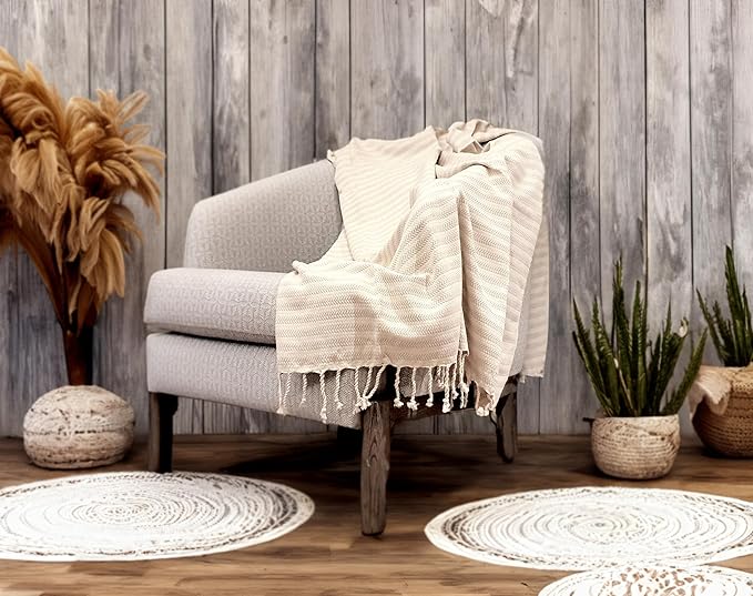 Bazaar Anatolia Turkish Bath Towel – 100% Cotton, Quick Dry Boho Farmhouse Decor, Autumn Throw Blanket for Bathroom – Oversized 71x39 Inches – Arpa Beige