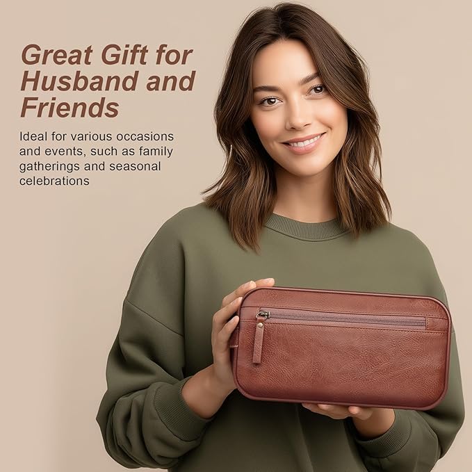 Travel Toiletry Bag for Men and Women, Travel Shaving Dopp Kit Water-resistant Bathroom Toiletries Organizer PU Leather Cosmetic Bags (Brown)