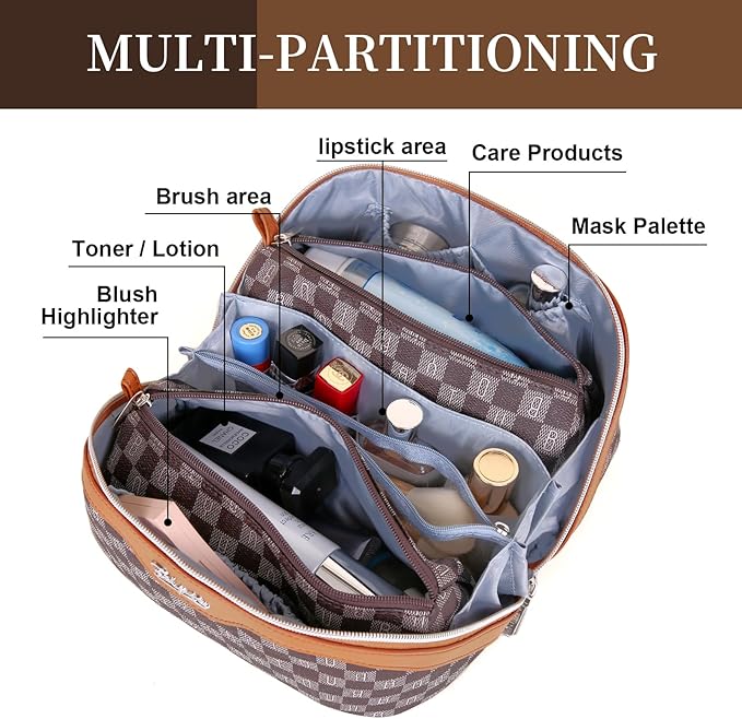 BOYATU Travel Makeup Bag Cosmetic Bags for Women: 3 Pcs Set Portable Make up Bag with Handle - Vegan Leather Toiletry Bags with Compartments - Makeup Organizer for Travel Essentials(C-2-Brown)