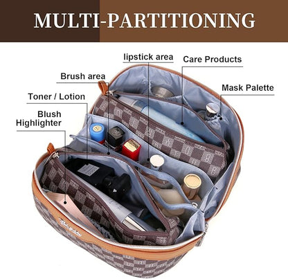 BOYATU Travel Makeup Bag Cosmetic Bags for Women: 3 Pcs Set Portable Make up Bag with Handle - Vegan Leather Toiletry Bags with Compartments - Makeup Organizer for Travel Essentials(C-2-Brown)