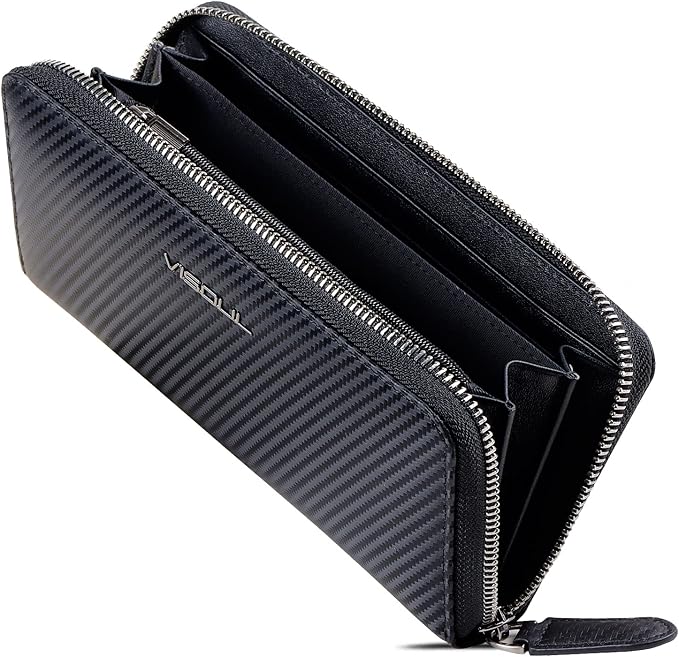 VISOUL Leather Long Zippered Pouch Wallet for Men with RFID Blocking, Large Carbon Fiber Leather Clutch Cash Long Wallet with Zipper (Black+Black)