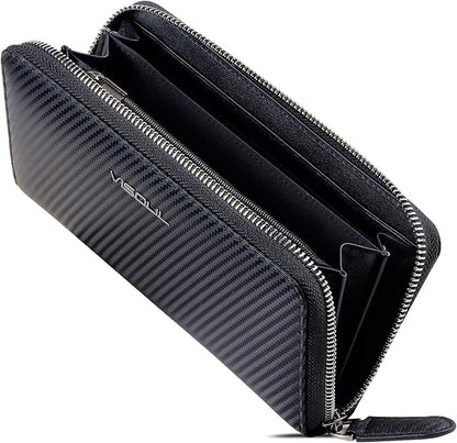 VISOUL Leather Long Zippered Pouch Wallet for Men with RFID Blocking, Large Carbon Fiber Leather Clutch Cash Long Wallet with Zipper (Black+Black)