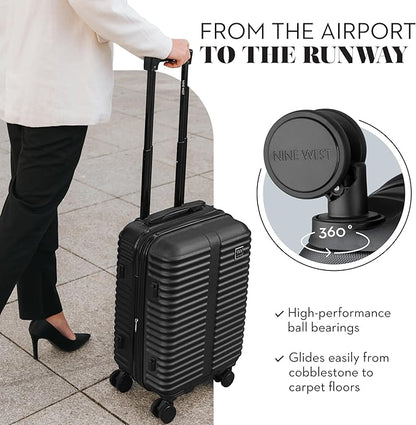 Nine West Suvi 20" Inch Smart Carry On Luggage with Wheels, Hardshell Suitcase with Cup Holder & USB Port for Charging, Airline Approved Cabin Bag Midnight Black