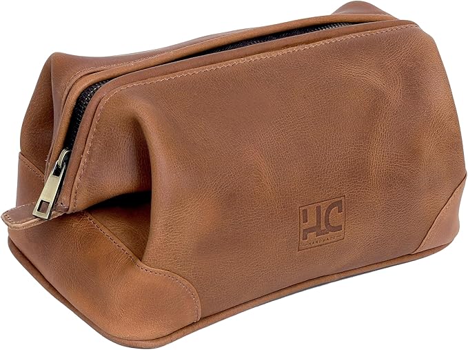 HLC Leather Toiletry Bag for Men Best Gift Premium Genuine Leather Dopp Kit Shaving Kit Organizer Travel Kit Pouch Bag for Men Large Size (TAN)
