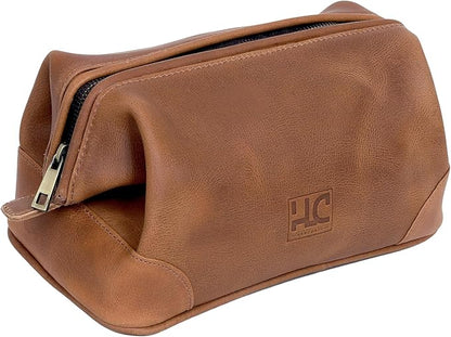 HLC Leather Toiletry Bag for Men Best Gift Premium Genuine Leather Dopp Kit Shaving Kit Organizer Travel Kit Pouch Bag for Men Large Size (TAN)