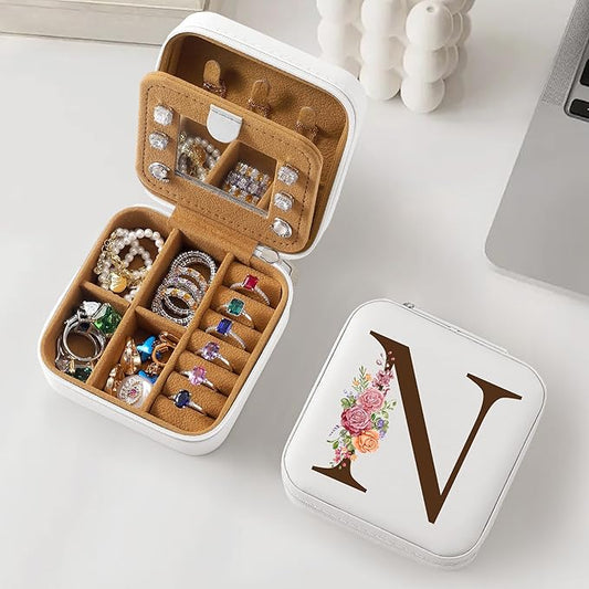 Parima Christmas Stocking Stuffers Gifts for Women - Mother Birthday Gifts, Mother In Law Gifts, Bonus Mom Gifts, Personalized Initial Travel Jewelry Case - Letter N, White