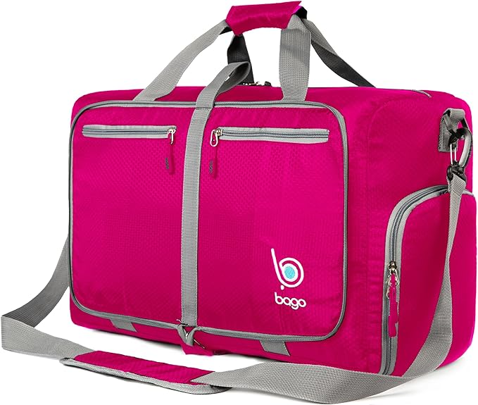 Bago Foldable Duffel Bags for Traveling Women & Men - 40L Sports Packable Duffle Bag for Travel with Shoe Compartment - Water Repellant, Heavy Duty, Lightweight Folding & Collapsible (Pink)