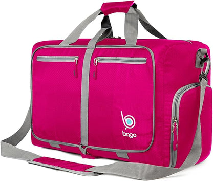 Bago Foldable Duffel Bags for Traveling Women & Men - 40L Sports Packable Duffle Bag for Travel with Shoe Compartment - Water Repellant, Heavy Duty, Lightweight Folding & Collapsible (Pink)