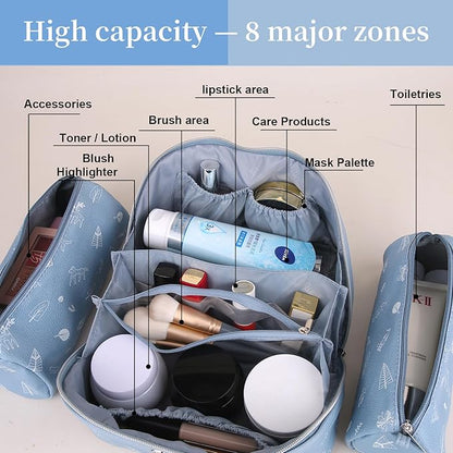 BOYATU Travel Makeup Bag Cosmetic Bags for Women: 3 Pcs Set Portable Make up Bag with Handle - PU Leather Toiletry Bags with Compartments - Makeup Organizer for Travel Essentials(L-2-Blue)