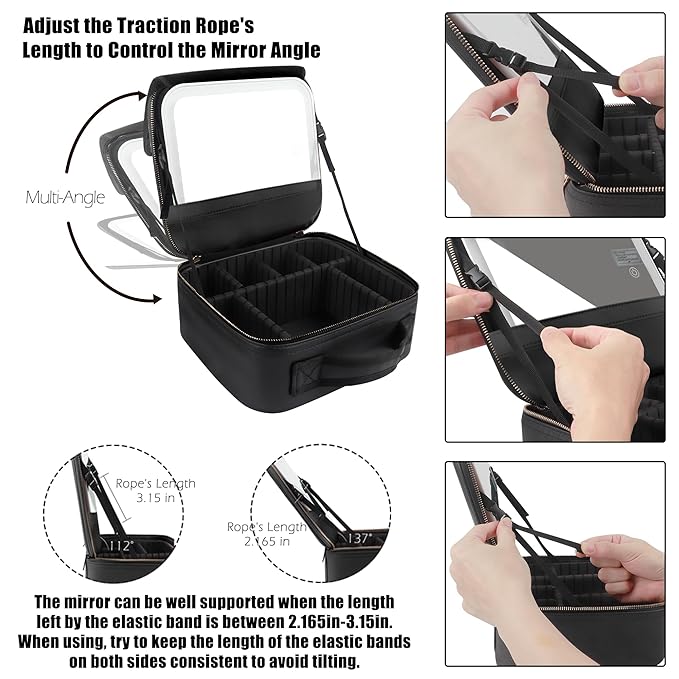 MOMIRA Travel Makeup Bag Cosmetic Bag Makeup Organizer Bag with Lighted Mirror, Adjustable Brightness in 3 Color Scenarios, Waterproof Makeup Train Case, Gift for Women - Woven black