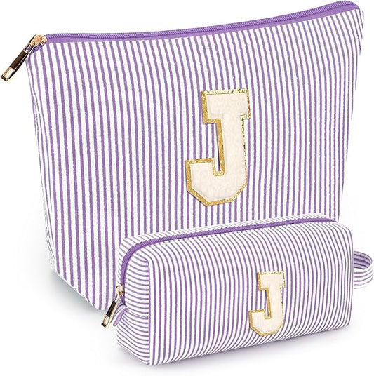 2 PCS Initial Makeup Bags for Women: Cosmetic Bag for Travel Toiletry - Birthday Gifts for 11 12 13 14 15 16 17 18 Years Old Girl Graduation Teacher Gift- Teen Girl Gifts Trendy Stuff - Purple J