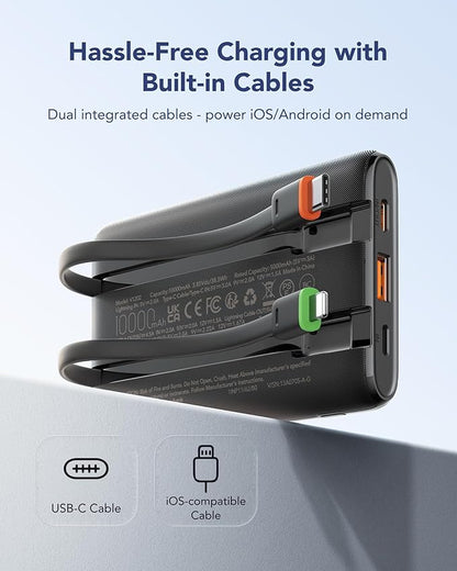 VEGER Portable Charger with Built in Cables, Slim 10000mAh PD 22.5W Fast Charging USB C Power Bank, 4 Outputs 3 Inputs Battery Pack Compatible with iPhone 16 15 14 13 Samsung iPad - Travel Essential